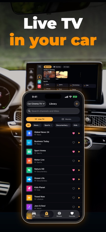 Live TV channels in Car Cinema on iPhone and the car's display